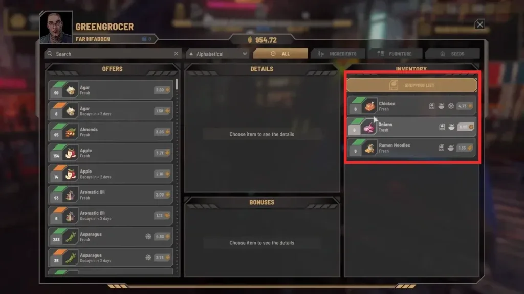 Greengrocer offers and personal inventory with freshness indicators