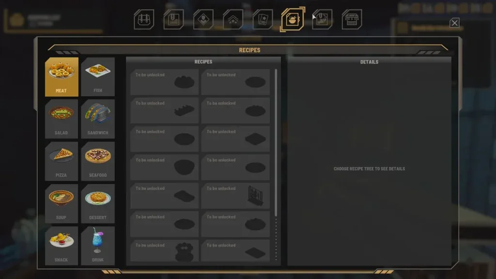 Recipe collection with food categories and unlocked and locked slots