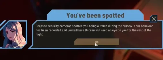 CorpSec surveillance notification stating that the player has been spotted