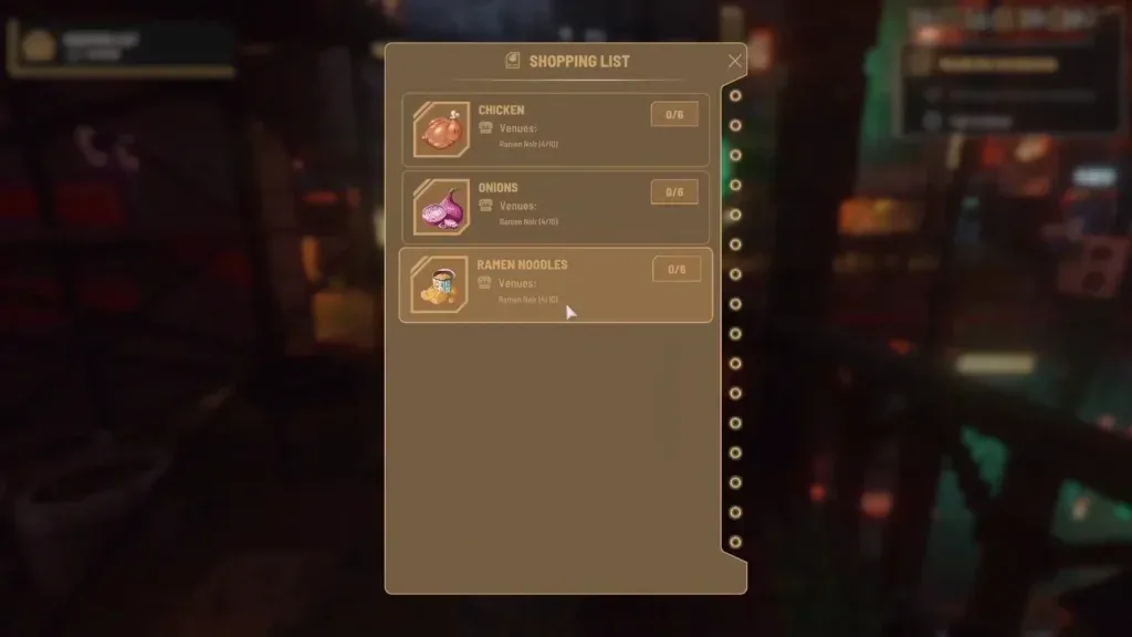 Shopping List showing remaining required ingredient quantities