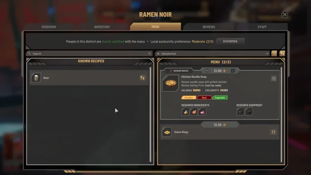 Ramen Noir menu showing Chicken Noodle Soup ingredients, required equipment and pricing