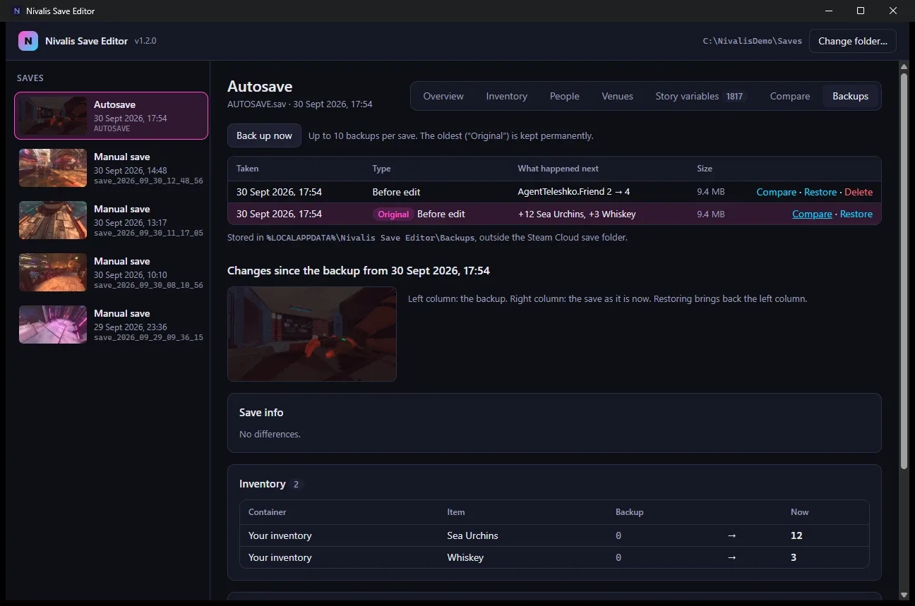 Nivalis Save Editor Backups tab with backup history and a comparison