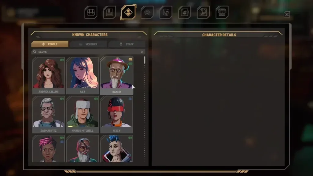 Known Characters list with named resident portraits