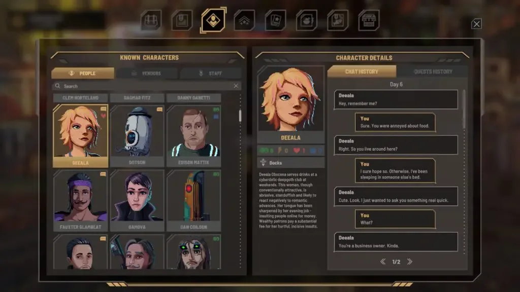 Known Characters profile showing Deeala, relationship bars and chat history