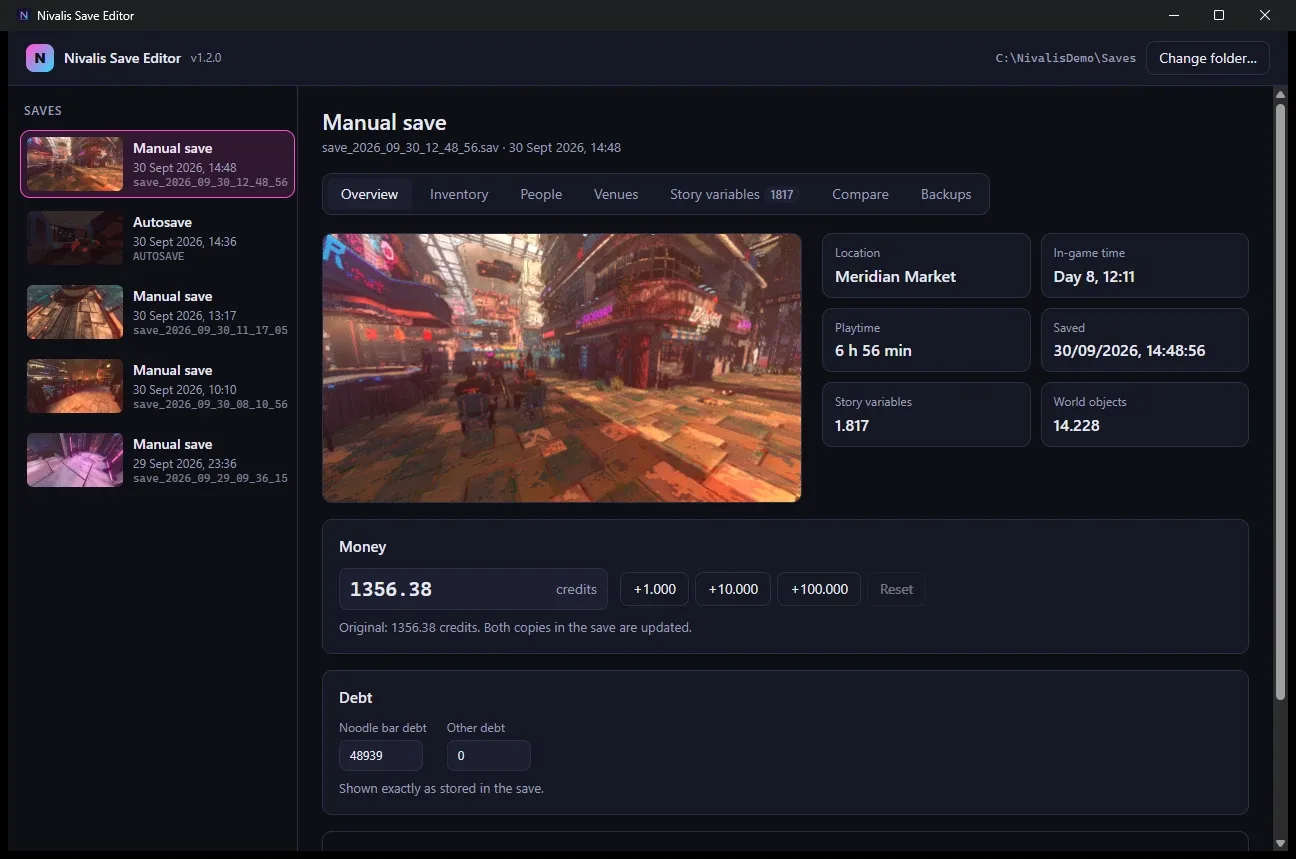 Nivalis Save Editor browser showing saves with location, day, playtime and preview